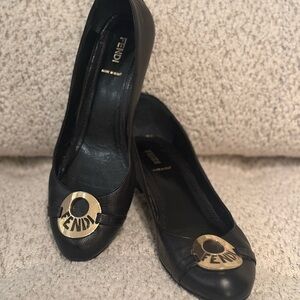 Fendi Low Wedge with Gold Logo, leather, size 40